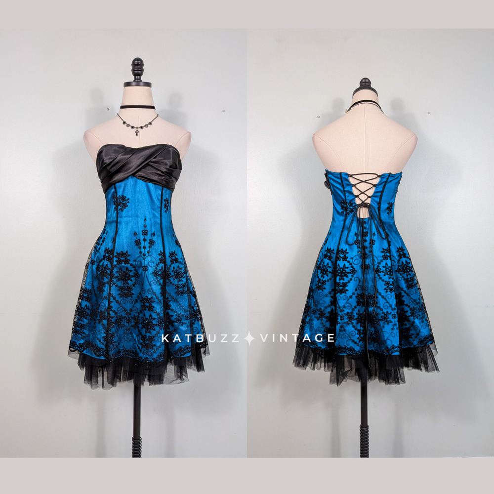 Vintage Nites Prom Dress Mini Gown 4 Blue Black Goth Corset Hoco 90s Y2K Glam